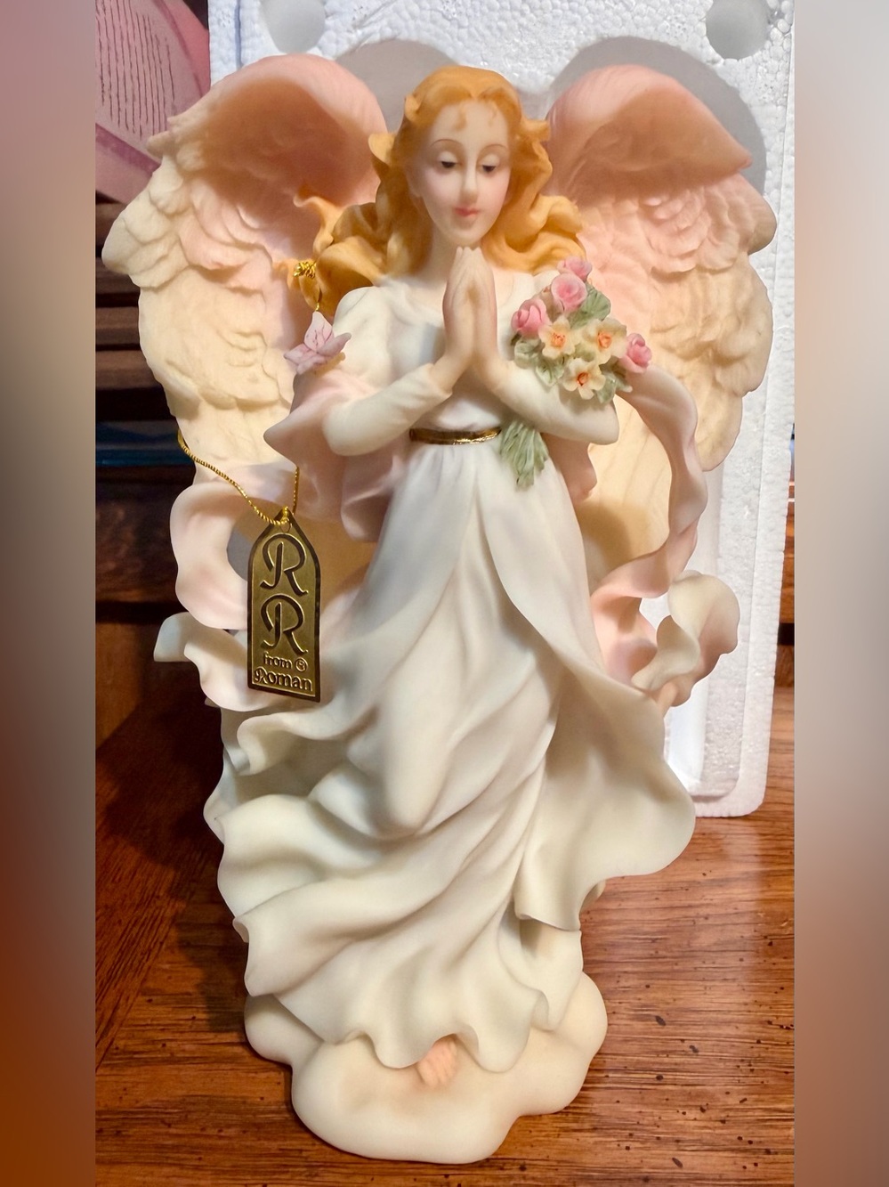 Roman Angel Figurine in Soft White and Blush Pink